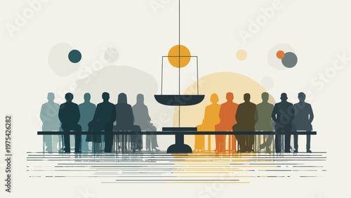 Illustrative concept of diverse group deliberation, guided by the scales of justice, symbolizing fairness, equality, and balanced decision-making in legal or policy contexts
