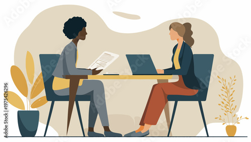 Two professional women engaged in a productive business meeting, discussing strategies or conducting an important job interview in a modern office setting, fostering collaboration and career growth