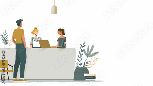 Modern business reception scene with a diverse team collaborating and assisting visitors in a minimalist office environment, promoting efficiency and welcoming atmosphere