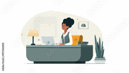 Professional woman diligently working on her computer at a modern office desk, demonstrating focus and productivity in a contemporary workspace