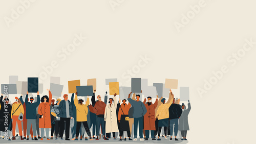 Diverse crowd of people standing together, holding blank placards in a peaceful protest or demonstration for social change and human rights