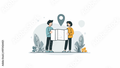 Two people holding a map and looking for directions with a location pin icon in the background, concept of travel and navigation