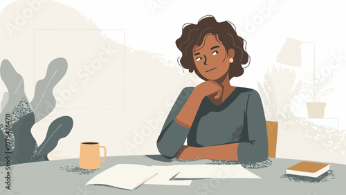 Pensive young woman working at her desk, deep in thought, brainstorming new ideas or contemplating a complex problem with focused concentration and serious expression