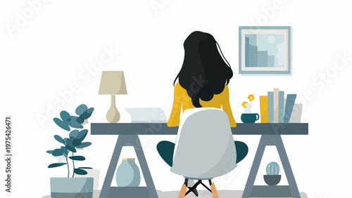Focused woman working diligently at her home office desk, surrounded by plants and books, showcasing modern remote work and a productive environment