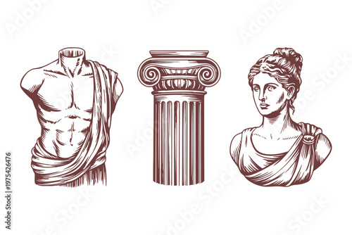 Classic of greek statue torsos and architectural column architecture ancient