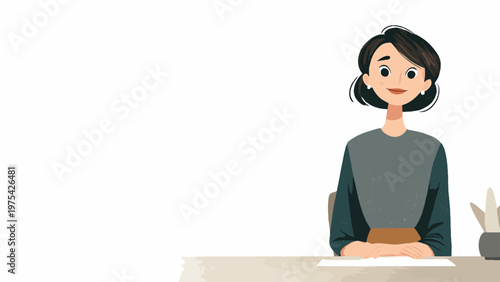 A professional woman sits at a desk with a paper and pen, looking confidently forward in this artistic illustration, symbolizing productivity and office work