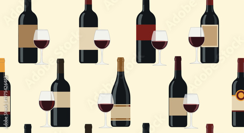 Sophisticated seamless pattern of various red wine bottles and half full wine glasses on a simple light cream background.