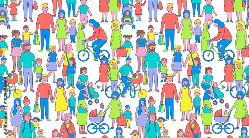 Obraz premium A vibrant, diverse crowd in a colorful urban scene, featuring people, wheelchairs, and bicycles
