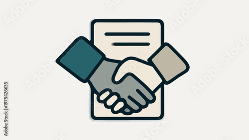 An illustration depicting a handshake over a document, symbolizing agreement, partnership, and business transactions