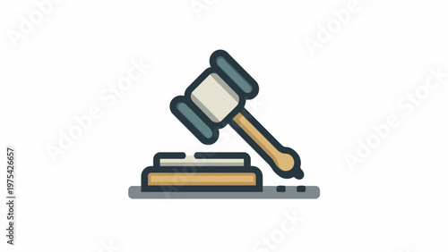 A detailed vector icon illustrating a judge's gavel striking a sound block, symbolizing justice, legal proceedings, authority, and decisive action. This graphic represents law