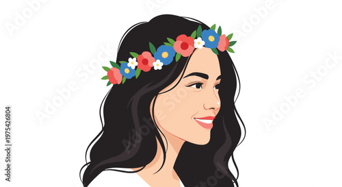 Profile view of a young woman with long dark wavy hair wearing a colorful flower crown against a plain white background.