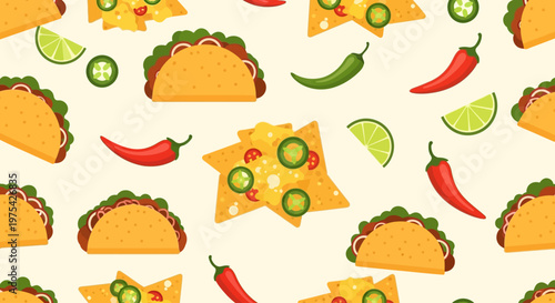 Cinco de Mayo Seamless Pattern with Tacos Nachos and Chili Peppers