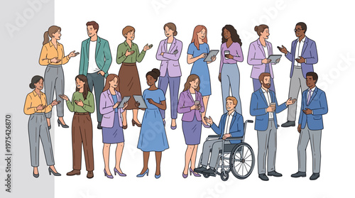 Diverse group of professionals in business attire standing together to showcase inclusivity, teamwork, and disability inclusion