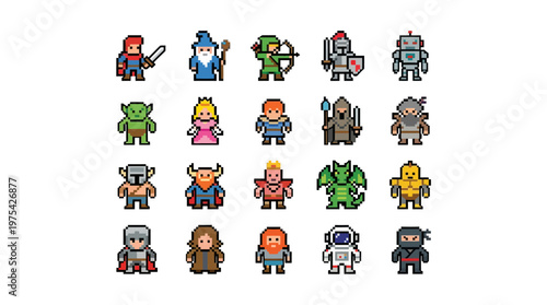 Sixteen colorful pixel-art character sprites featuring knights, pirates, robots, aliens, wizards, princesses and other heroes for retro-style games and iconography.