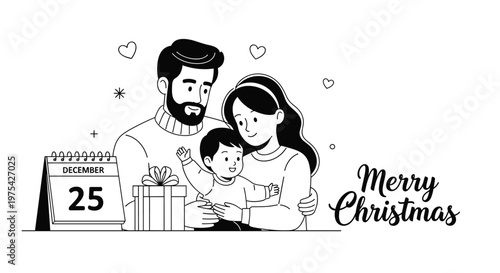 Black and white illustration of a happy family celebrating Christmas with a gift box and calendar showing December twenty fifth.