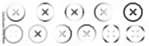 A set of various black and white icons featuring circles with x marks on a pure