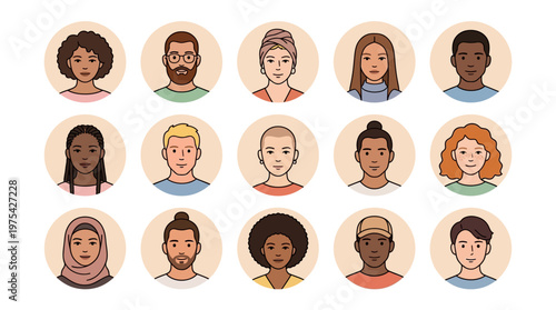 Diverse group of circular avatar illustrations depicting a collaborative, inclusive team of professionals from different backgrounds.