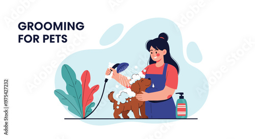 Cheerful young woman washing a brown dog with soapy bubbles and a shower head under the text grooming for pets.