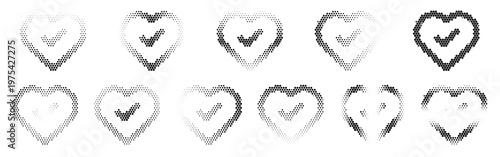 Set of various black and white heart icons with checkmarks