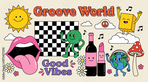Colorful cartoon collage featuring Groove World icons, a green alien, tongue-out mouth, drinks and snacks, sun, checkerboard background, musical notes, mushrooms, and playful party imagery.