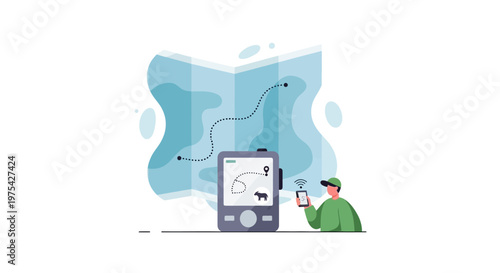 A man using a mobile device to track livestock with a digital map interface. EPS Editable. Vector Illustrations.