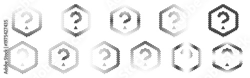 Set of various grey question mark icons in hexagonal shapes