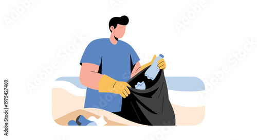 A man wearing yellow gloves collecting plastic bottles into a black garbage bag. EPS Editable. Vector Illustrations.