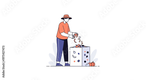 A man wearing a bucket hat throwing organic food waste into a compost bin. EPS Editable. Vector Illustrations.