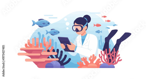 A marine scientist woman scuba diving and observing coral reef. EPS Editable. Vector Illustrations.
