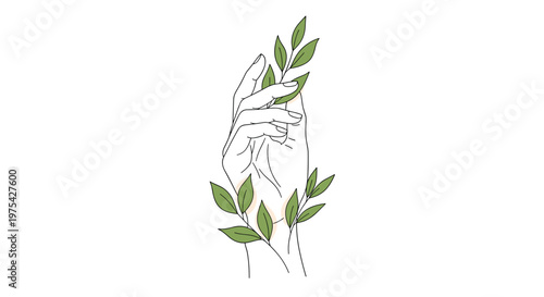 Artistic line drawing of a human hand holding a small green leafy branch against a minimalist white background design.
