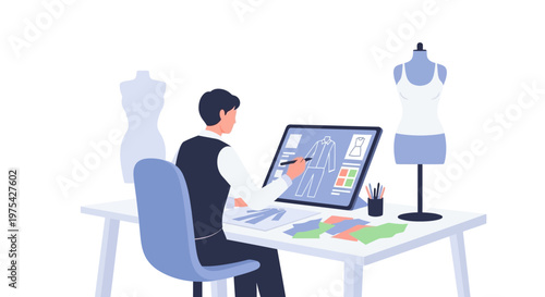 A professional fashion designer working on a clothing sketch at a computer desk. EPS Editable. Vector Illustrations.