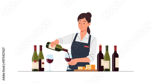 A professional female sommelier pouring red wine into a glass. EPS Editable. Vector Illustrations.