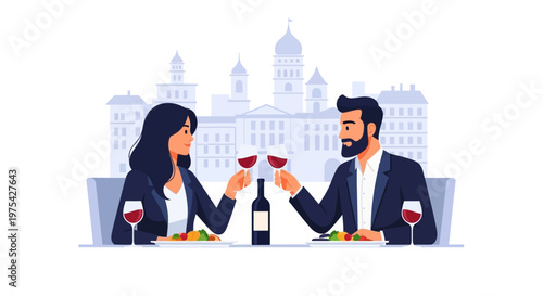 A romantic couple having a wine dinner date illustration. EPS Editable. Vector Illustrations.