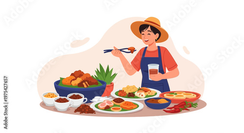 A smiling chef wearing a straw hat preparing and tasting traditional Asian cuisine dishes. EPS Editable. Vector Illustrations.