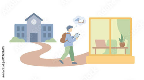 A student walking home from school with a digital tablet. EPS Editable. Vector Illustrations.