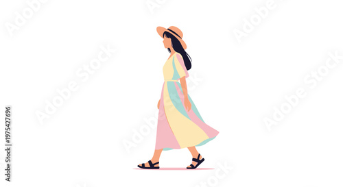 A stylish young woman in a colorful pastel dress and sun hat walking gracefully. EPS Editable. Vector Illustrations.