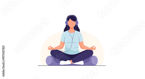 A woman meditating in lotus position while listening to music. EPS Editable. Vector Illustrations.