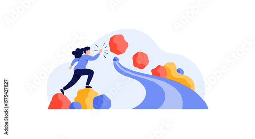 A woman overcoming obstacles and challenges on her path to success. EPS Editable. Vector Illustrations.