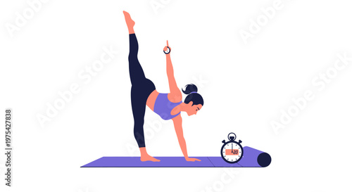 A woman performing a yoga pose with a timer on a mat. EPS Editable. Vector Illustrations.