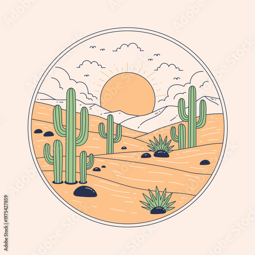 Desert Landscape Badge – Minimalist Monoline Vector Illustration with Cactus and Sunset Scene