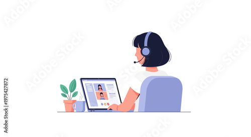 A woman working remotely with a headset and laptop at her desk. EPS Editable. Vector Illustrations.