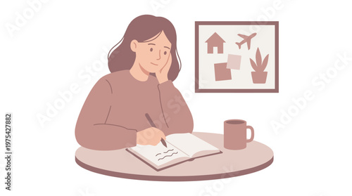 A woman writing in a journal at a table in a cozy room. EPS Editable. Vector Illustrations.