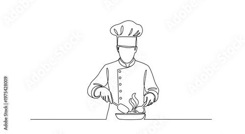 Chef Cooking Food in Pan with Steam, One Line Drawing, Minimalist Style