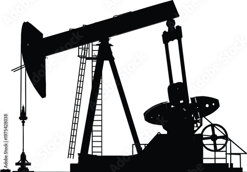 Oil pump jack silhouette vector, petroleum industry equipment illustration, drilling rig machinery, energy extraction concept, industrial design