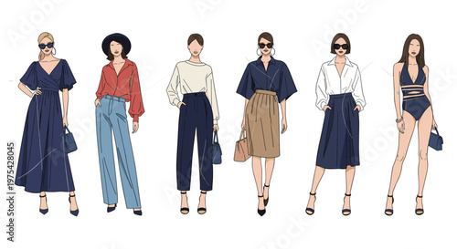 Showcase of six different fashion styles worn by women including dresses trousers skirts and beachwear in a stylish lineup.