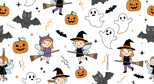 Fun seamless Halloween pattern featuring witches flying on brooms ghosts pumpkins bats and stars on a white background.