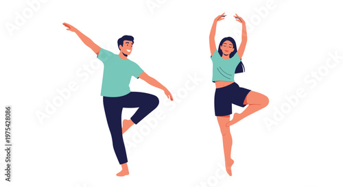 Pair of athletic dancers performing a synchronized ballet or contemporary dance routine on a white background in a flat style.