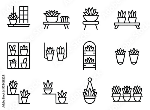 Pot placement line icon set, window sill pot, patio pot, shelf pot, wall mounted 