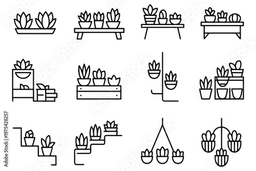 Pot placement line icon set, window sill pot, patio pot, shelf pot, wall mounted pot, railing pot, balcony