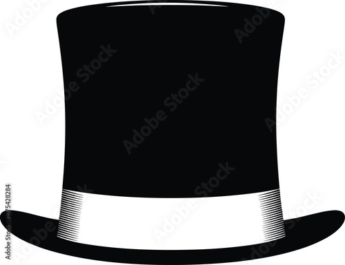 Classic black top hat silhouette with white band detail, symbolizing formal fashion, sophistication, magician style, vintage elegance,